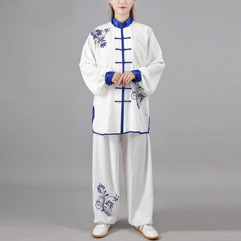 Conjunto de 2 piezas de ropa unisex de algodón con diseño de Buddha Stones y flores bordadas en azul otoñal para meditación, tai chi, qigong y práctica zen