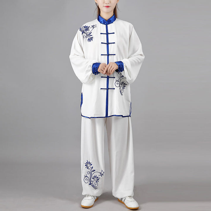 Conjunto de 2 piezas de ropa unisex de algodón con diseño de Buddha Stones y flores bordadas en azul otoñal para meditación, tai chi, qigong y práctica zen