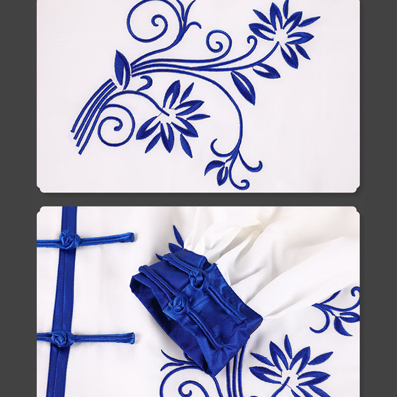 Conjunto de 2 piezas de ropa unisex de algodón con diseño de Buddha Stones y flores bordadas en azul otoñal para meditación, tai chi, qigong y práctica zen