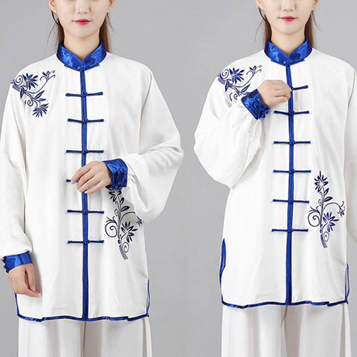 Conjunto de 2 piezas de ropa unisex de algodón con diseño de Buddha Stones y flores bordadas en azul otoñal para meditación, tai chi, qigong y práctica zen