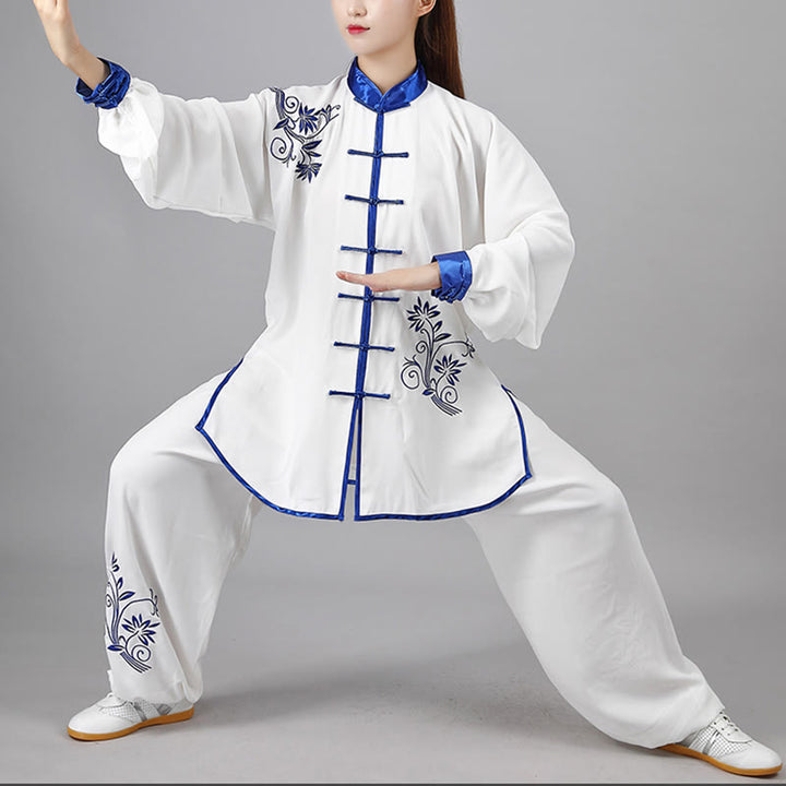 Conjunto de 2 piezas de ropa unisex de algodón con diseño de Buddha Stones y flores bordadas en azul otoñal para meditación, tai chi, qigong y práctica zen