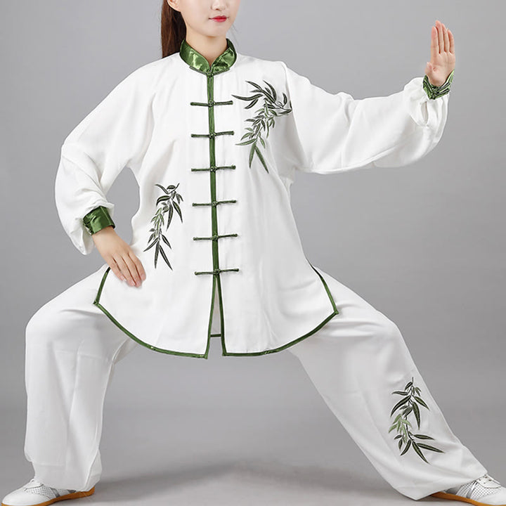Conjunto de 2 piezas de ropa unisex de algodón con diseño de Buddha Stones bordada con hojas de bambú verde otoñal y botón de rana para meditación de tai chi, qigong y práctica zen