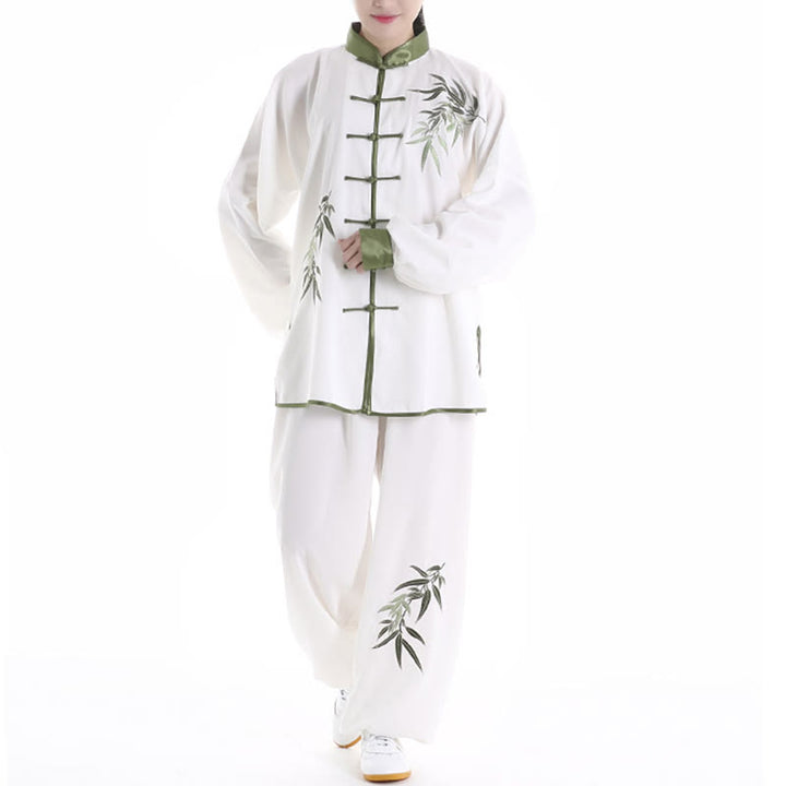 Conjunto de 2 piezas de ropa unisex de algodón con diseño de Buddha Stones bordada con hojas de bambú verde otoñal y botón de rana para meditación de tai chi, qigong y práctica zen