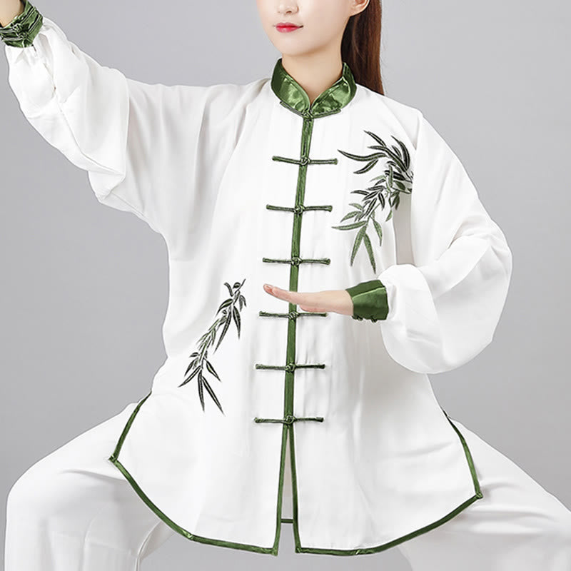 Conjunto de 2 piezas de ropa unisex de algodón con diseño de Buddha Stones bordada con hojas de bambú verde otoñal y botón de rana para meditación de tai chi, qigong y práctica zen