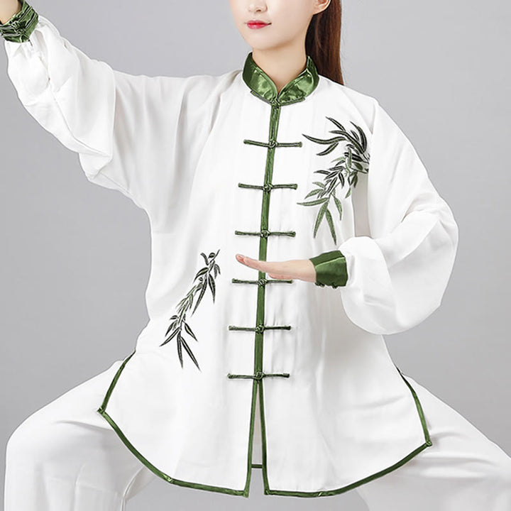 Conjunto de 2 piezas de ropa unisex de algodón con diseño de Buddha Stones bordada con hojas de bambú verde otoñal y botón de rana para meditación de tai chi, qigong y práctica zen