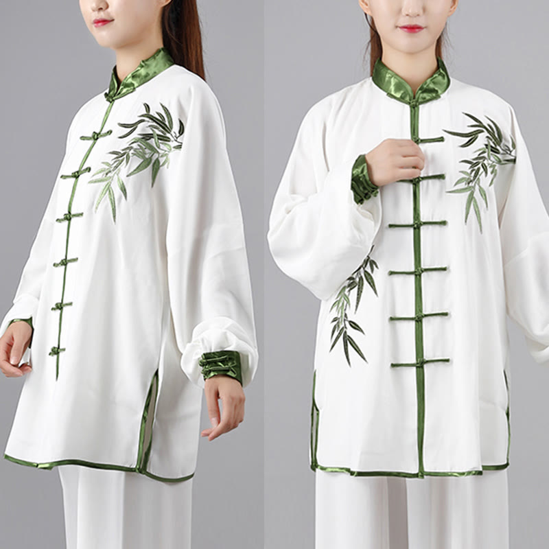 Conjunto de 2 piezas de ropa unisex de algodón con diseño de Buddha Stones bordada con hojas de bambú verde otoñal y botón de rana para meditación de tai chi, qigong y práctica zen