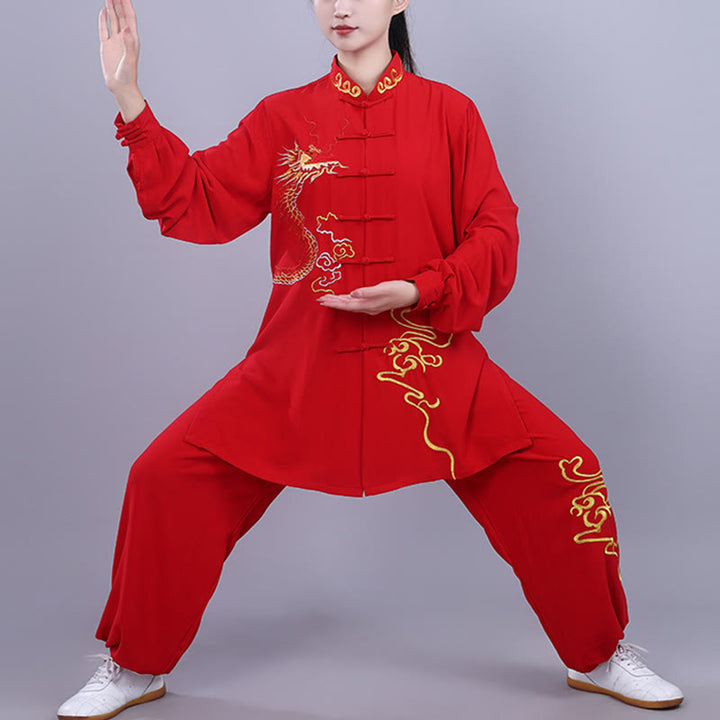 Conjunto de 2 piezas de ropa unisex de algodón con diseño de Buddha Stones y dragón y bordado otoñal para meditación, tai chi, qigong y zen