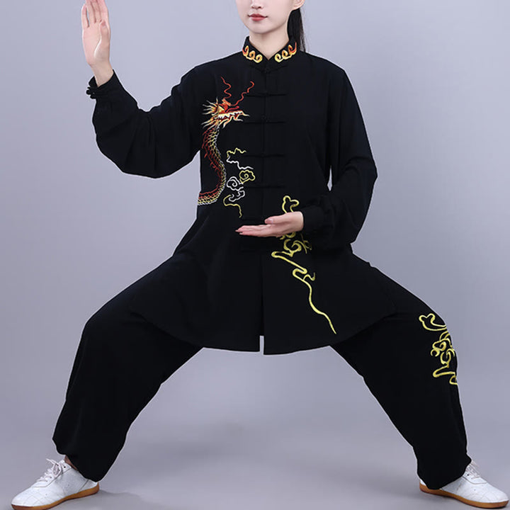 Conjunto de 2 piezas de ropa unisex de algodón con diseño de Buddha Stones y dragón y bordado otoñal para meditación, tai chi, qigong y zen