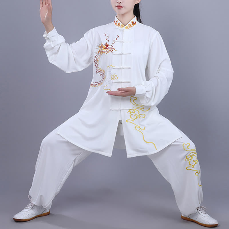 Conjunto de 2 piezas de ropa unisex de algodón con diseño de Buddha Stones y dragón y bordado otoñal para meditación, tai chi, qigong y zen