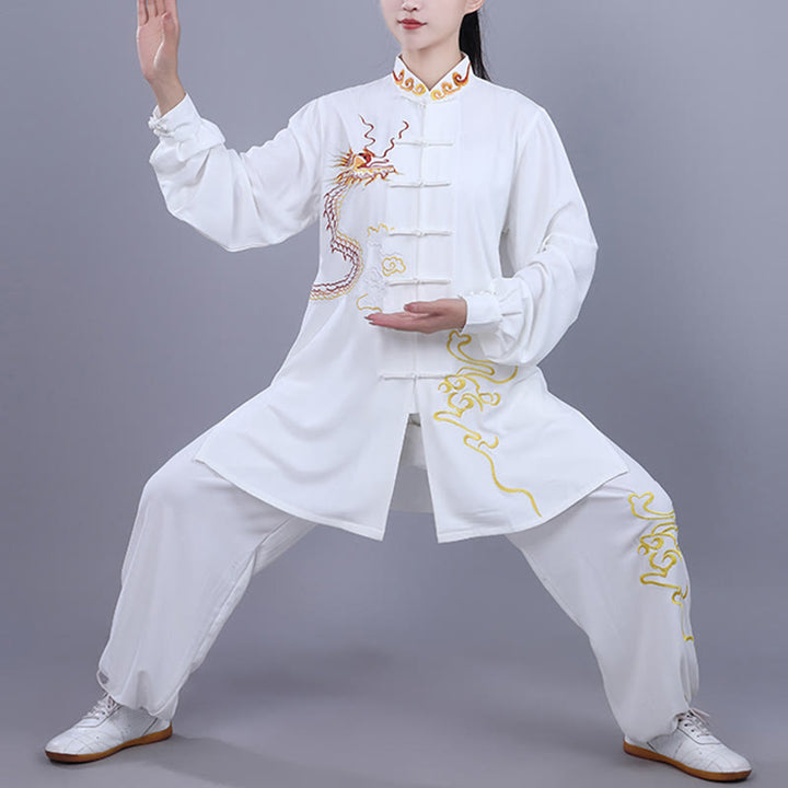 Conjunto de 2 piezas de ropa unisex de algodón con diseño de Buddha Stones y dragón y bordado otoñal para meditación, tai chi, qigong y zen