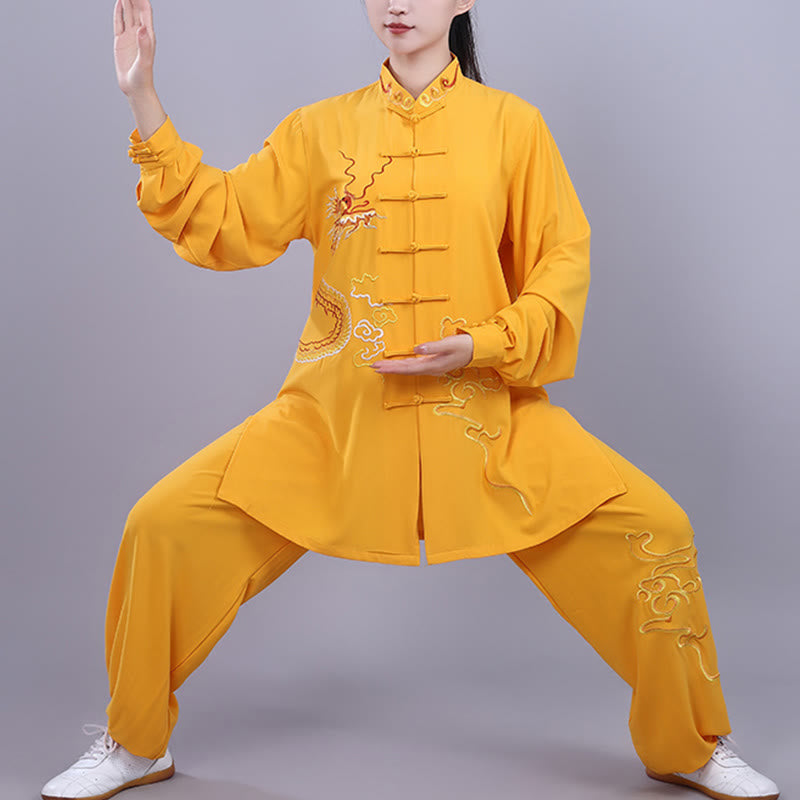 Conjunto de 2 piezas de ropa unisex de algodón con diseño de Buddha Stones y dragón y bordado otoñal para meditación, tai chi, qigong y zen