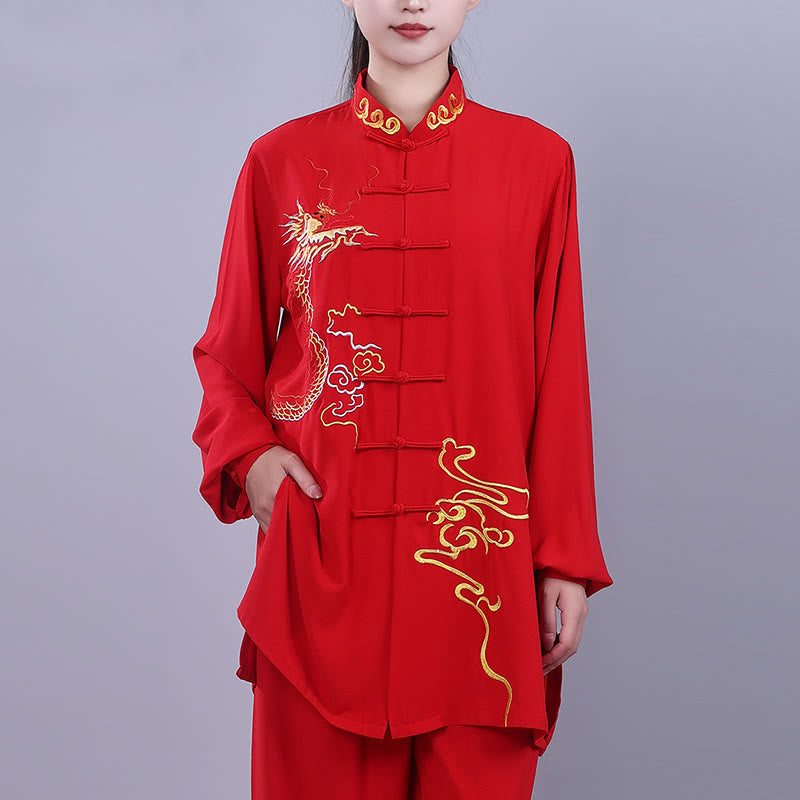 Conjunto de 2 piezas de ropa unisex de algodón con diseño de Buddha Stones y dragón y bordado otoñal para meditación, tai chi, qigong y zen