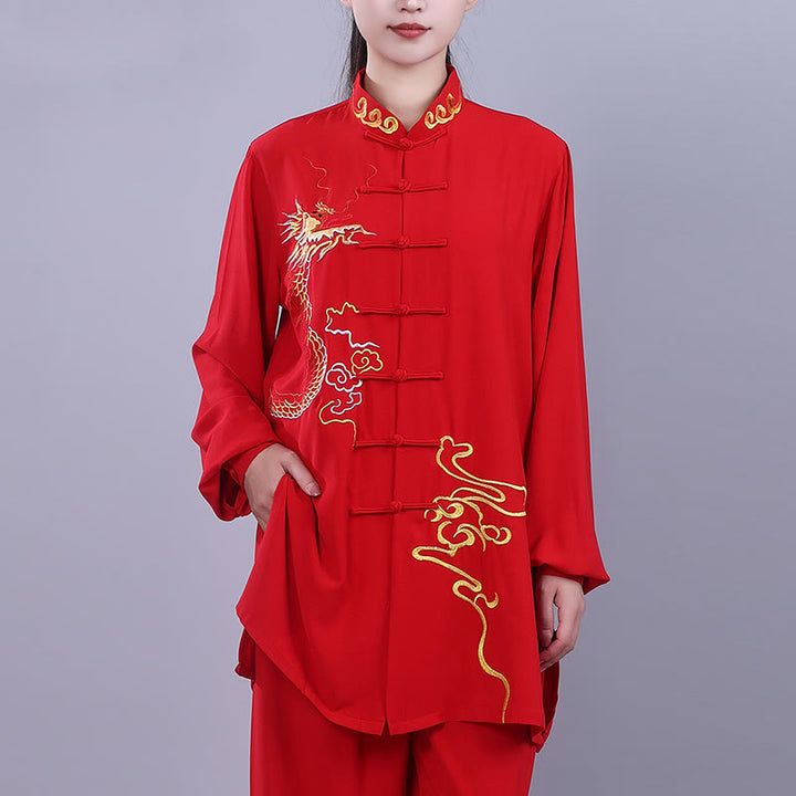 Conjunto de 2 piezas de ropa unisex de algodón con diseño de Buddha Stones y dragón y bordado otoñal para meditación, tai chi, qigong y zen