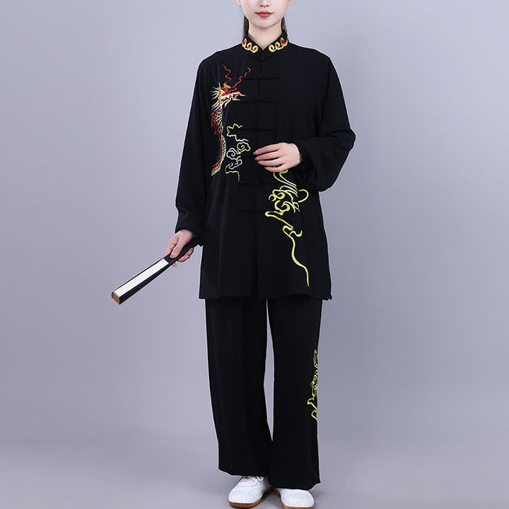 Conjunto de 2 piezas de ropa unisex de algodón con diseño de Buddha Stones y dragón y bordado otoñal para meditación, tai chi, qigong y zen