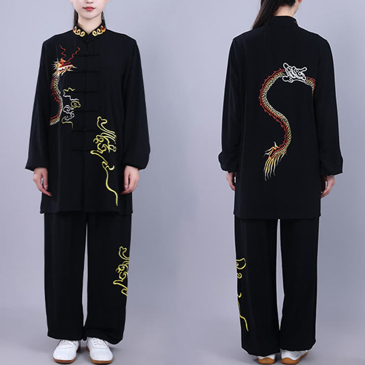 Conjunto de 2 piezas de ropa unisex de algodón con diseño de Buddha Stones y dragón y bordado otoñal para meditación, tai chi, qigong y zen