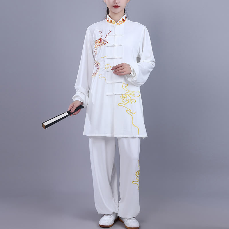 Conjunto de 2 piezas de ropa unisex de algodón con diseño de Buddha Stones y dragón y bordado otoñal para meditación, tai chi, qigong y zen