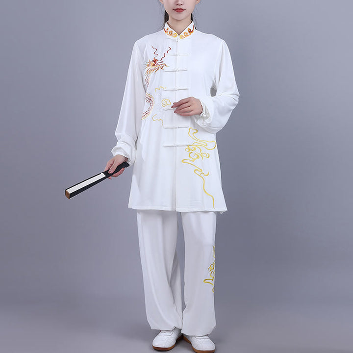 Conjunto de 2 piezas de ropa unisex de algodón con diseño de Buddha Stones y dragón y bordado otoñal para meditación, tai chi, qigong y zen