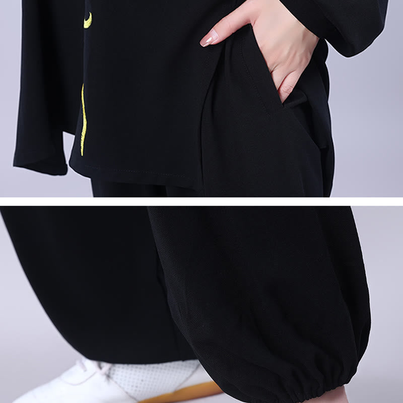 Conjunto de 2 piezas de ropa unisex de algodón con diseño de Buddha Stones y dragón y bordado otoñal para meditación, tai chi, qigong y zen