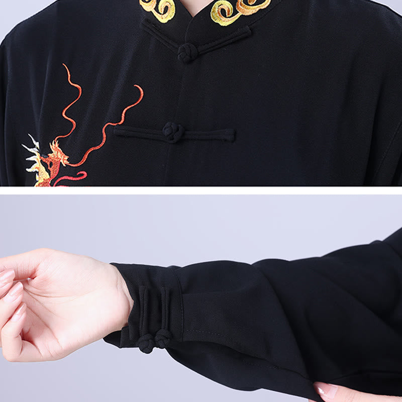 Conjunto de 2 piezas de ropa unisex de algodón con diseño de Buddha Stones y dragón y bordado otoñal para meditación, tai chi, qigong y zen