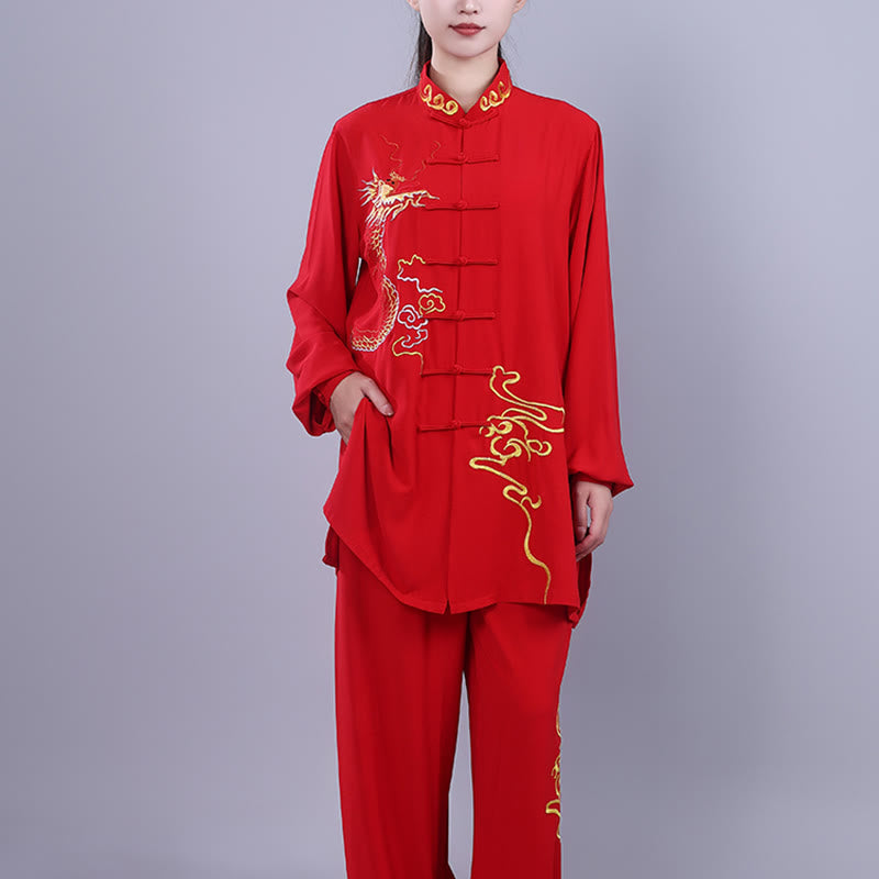Conjunto de 2 piezas de ropa unisex de algodón con diseño de Buddha Stones y dragón y bordado otoñal para meditación, tai chi, qigong y zen