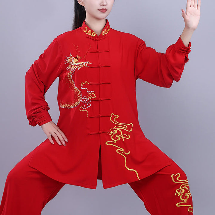 Conjunto de 2 piezas de ropa unisex de algodón con diseño de Buddha Stones y dragón y bordado otoñal para meditación, tai chi, qigong y zen