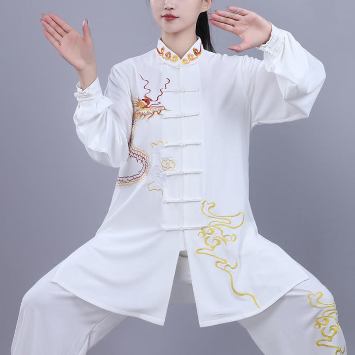 Conjunto de 2 piezas de ropa unisex de algodón con diseño de Buddha Stones y dragón y bordado otoñal para meditación, tai chi, qigong y zen