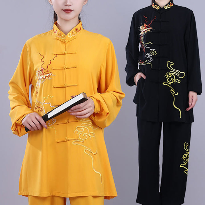 Conjunto de 2 piezas de ropa unisex de algodón con diseño de Buddha Stones y dragón y bordado otoñal para meditación, tai chi, qigong y zen