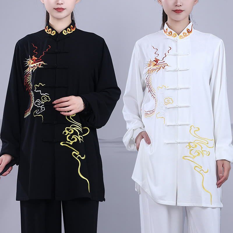 Conjunto de 2 piezas de ropa unisex de algodón con diseño de Buddha Stones y dragón y bordado otoñal para meditación, tai chi, qigong y zen