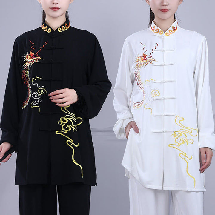 Conjunto de 2 piezas de ropa unisex de algodón con diseño de Buddha Stones y dragón y bordado otoñal para meditación, tai chi, qigong y zen