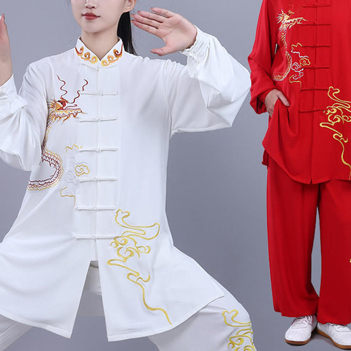 Conjunto de 2 piezas de ropa unisex de algodón con diseño de Buddha Stones y dragón y bordado otoñal para meditación, tai chi, qigong y zen