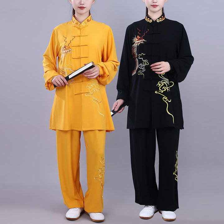 Conjunto de 2 piezas de ropa unisex de algodón con diseño de Buddha Stones y dragón y bordado otoñal para meditación, tai chi, qigong y zen