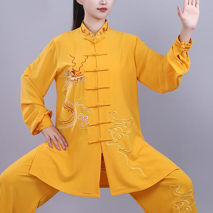 Conjunto de 2 piezas de ropa unisex de algodón con diseño de Buddha Stones y dragón y bordado otoñal para meditación, tai chi, qigong y zen