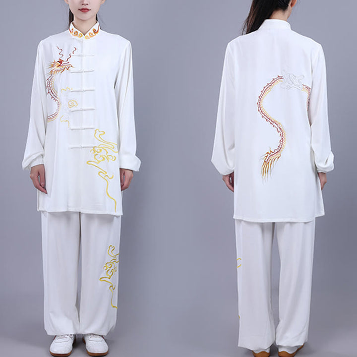 Conjunto de 2 piezas de ropa unisex de algodón con diseño de Buddha Stones y dragón y bordado otoñal para meditación, tai chi, qigong y zen