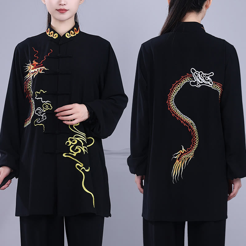 Conjunto de 2 piezas de ropa unisex de algodón con diseño de Buddha Stones y dragón y bordado otoñal para meditación, tai chi, qigong y zen