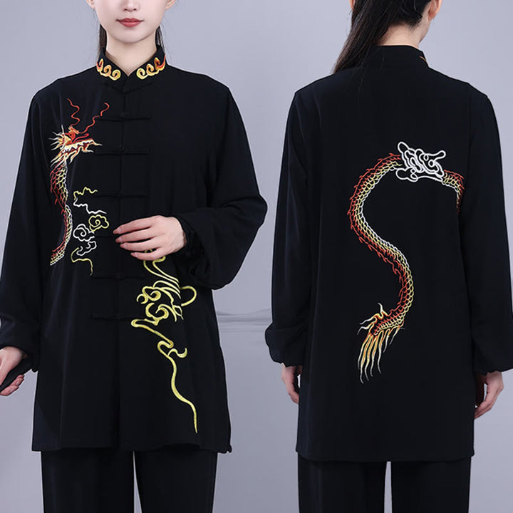 Conjunto de 2 piezas de ropa unisex de algodón con diseño de Buddha Stones y dragón y bordado otoñal para meditación, tai chi, qigong y zen