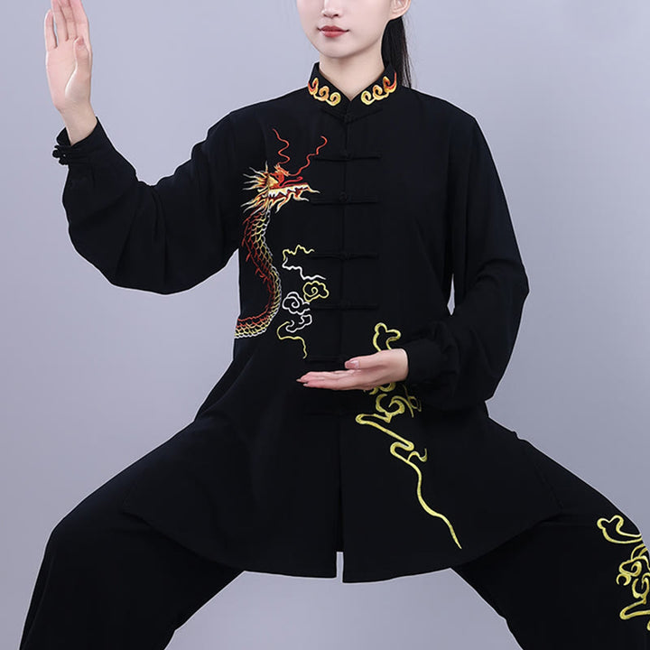 Conjunto de 2 piezas de ropa unisex de algodón con diseño de Buddha Stones y dragón y bordado otoñal para meditación, tai chi, qigong y zen