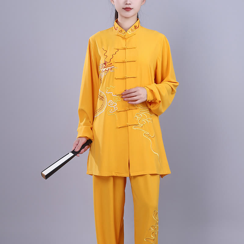 Conjunto de 2 piezas de ropa unisex de algodón con diseño de Buddha Stones y dragón y bordado otoñal para meditación, tai chi, qigong y zen