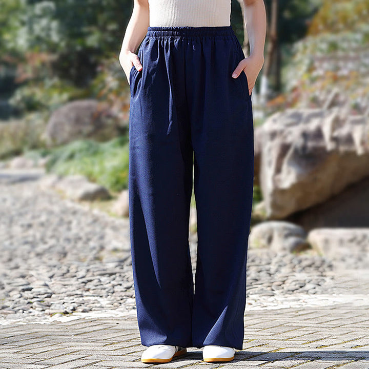 Pantalones de algodón y lino con forro polar y bolsillos unisex con cintura elástica para práctica de tai chi y qigong de Buddha Stones para otoño e invierno - image 1