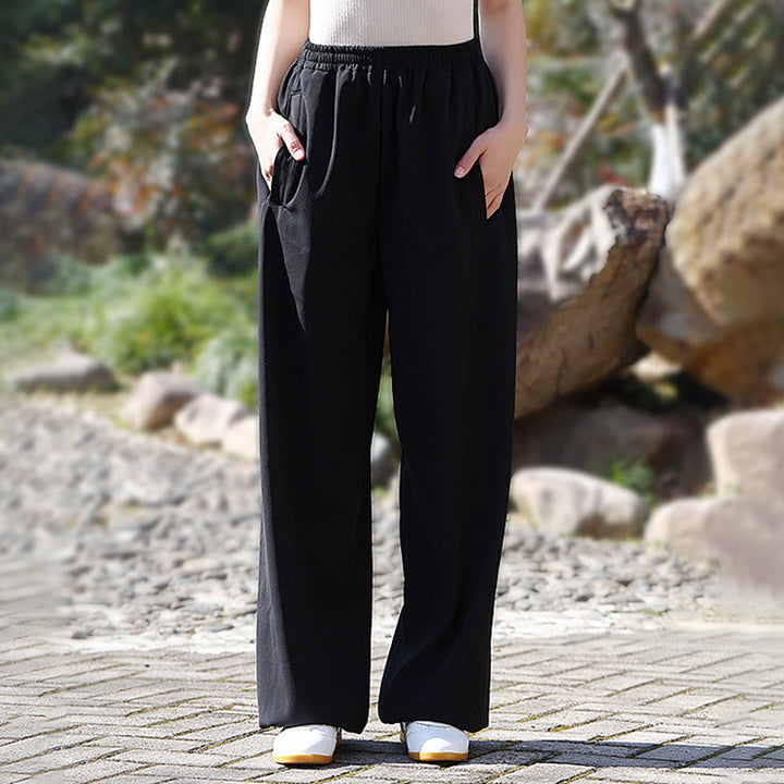 Pantalones de algodón y lino con forro polar y bolsillos unisex con cintura elástica para práctica de tai chi y qigong de Buddha Stones para otoño e invierno - Negro - 3XL - AJUSTE A LA XL DE EE. US./ UK/AU/ EU - image 12
