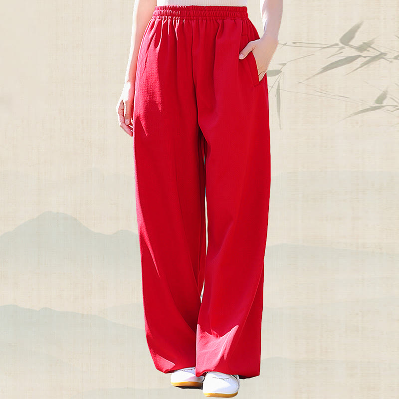Pantalones de algodón y lino con forro polar y bolsillos unisex con cintura elástica para práctica de tai chi y qigong de Buddha Stones para otoño e invierno - image 9