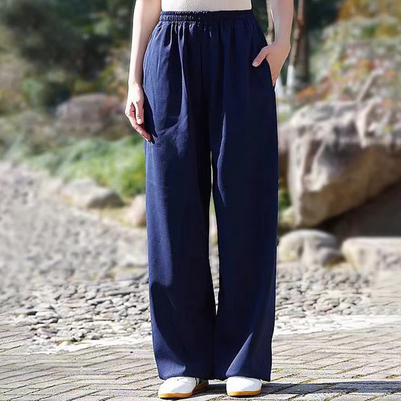 Pantalones de algodón y lino con forro polar y bolsillos unisex con cintura elástica para práctica de tai chi y qigong de Buddha Stones para otoño e invierno - Azul acero - 3XL - AJUSTE A LA XL DE EE. US./ UK/AU/ EU - image 0