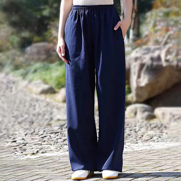 Pantalones de algodón y lino con forro polar y bolsillos unisex con cintura elástica para práctica de tai chi y qigong de Buddha Stones para otoño e invierno - Azul acero - 3XL - AJUSTE A LA XL DE EE. US./ UK/AU/ EU - image 0