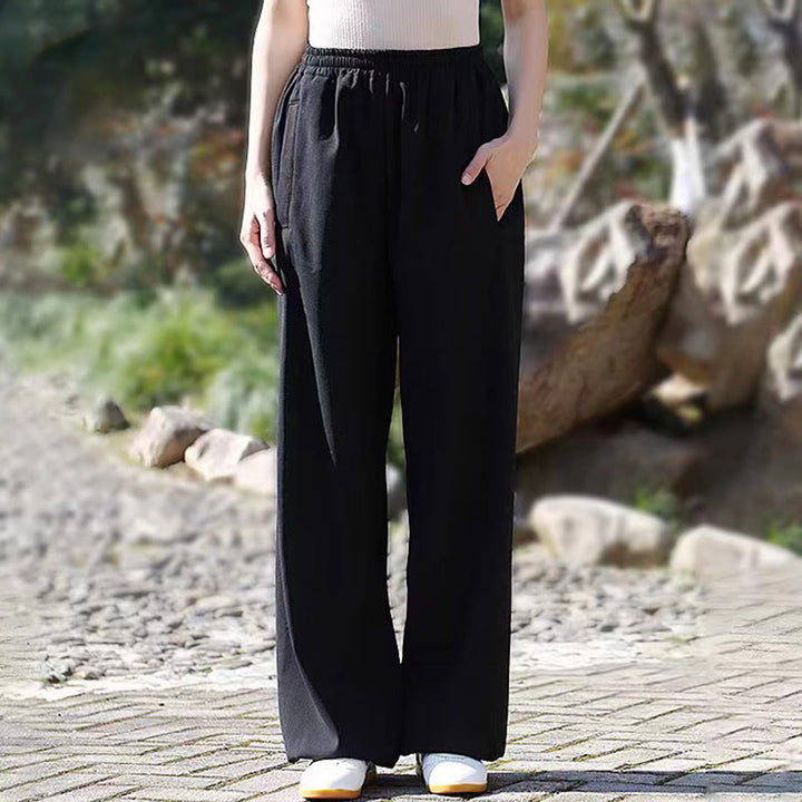 Pantalones de algodón y lino con forro polar y bolsillos unisex con cintura elástica para práctica de tai chi y qigong de Buddha Stones para otoño e invierno - image 13