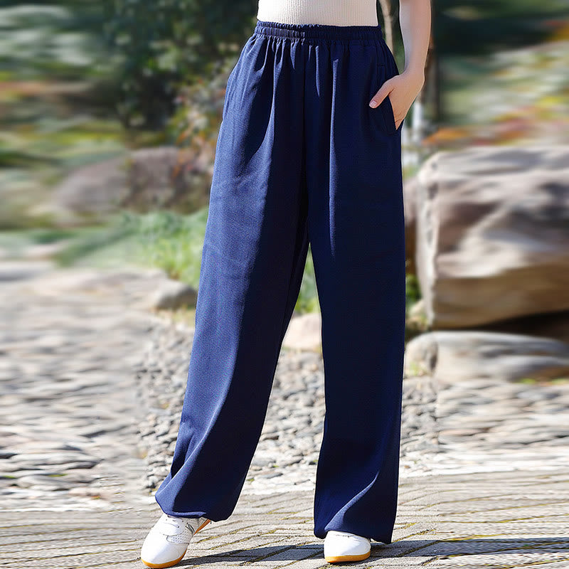 Pantalones de algodón y lino con forro polar y bolsillos unisex con cintura elástica para práctica de tai chi y qigong de Buddha Stones para otoño e invierno - image 2