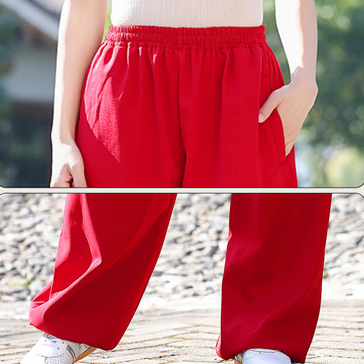 Pantalones de algodón y lino con forro polar y bolsillos unisex con cintura elástica para práctica de tai chi y qigong de Buddha Stones para otoño e invierno - image 11