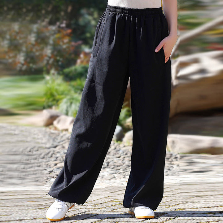 Pantalones de algodón y lino con forro polar y bolsillos unisex con cintura elástica para práctica de tai chi y qigong de Buddha Stones para otoño e invierno - image 14