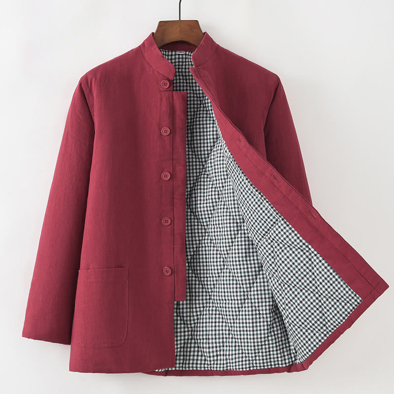 Traje de espiga con botones de rana para hombre de invierno con Buddha Stones, chaqueta y camisa con forro polar de algodón y lino con bolsillos - Ladrillo refractario - Botón abajo - US/UK/AU44, EU54 (4XL) - image 13