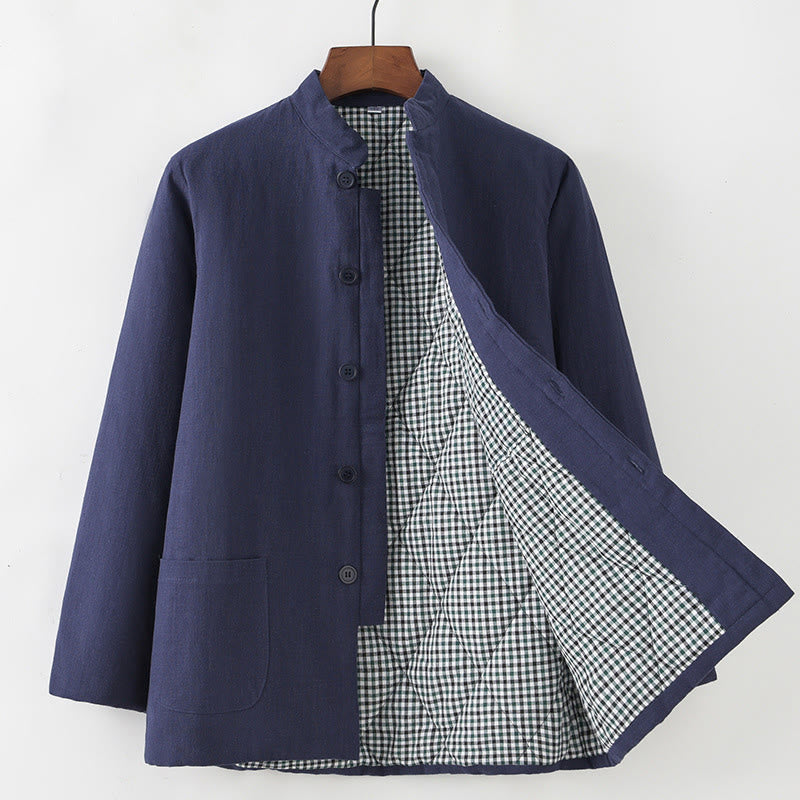 Traje de espiga con botones de rana para hombre de invierno con Buddha Stones, chaqueta y camisa con forro polar de algodón y lino con bolsillos - Azul acero - Botón abajo - US/UK/AU44, EU54 (4XL) - image 0