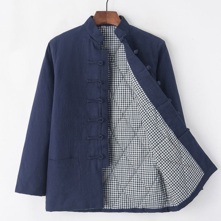 Traje de espiga con botones de rana para hombre de invierno con Buddha Stones, chaqueta y camisa con forro polar de algodón y lino con bolsillos - Azul acero - Botón de rana - US/UK/AU44, EU54 (4XL) - image 14