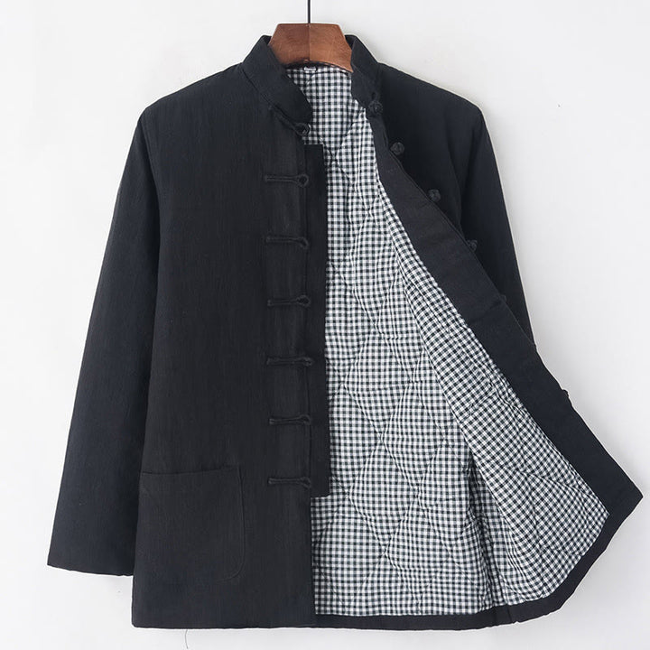 Traje de espiga con botones de rana para hombre de invierno con Buddha Stones, chaqueta y camisa con forro polar de algodón y lino con bolsillos - Negro - Botón de rana - US/UK/AU44, EU54 (4XL) - image 16